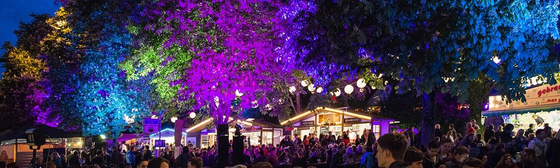 Colourfully lit trees and lots of people at the Hofgartenfest in Neuburg